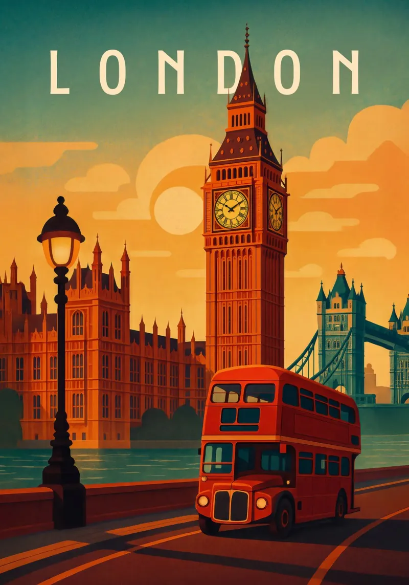 London Travel Poster – Big Ben and Sunset UK Cityscape alu-dibond by Wanderlust