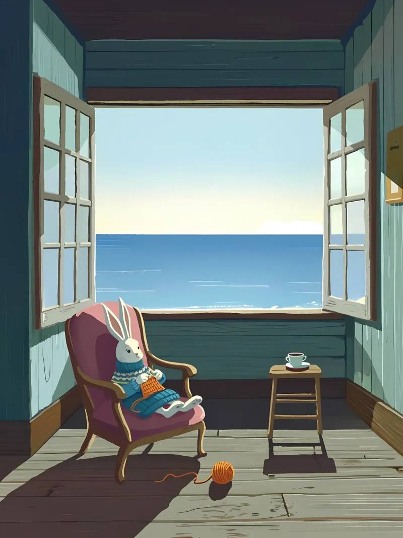 Coniglio che lavora a maglia su una sedia Lofi Art poster con telaio in plastica da LoFi Gallery