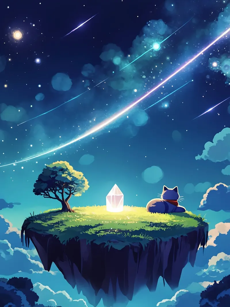 Cat On Floating Crystal Island Lofi Art canvas with Floater frame by LoFi Gallery