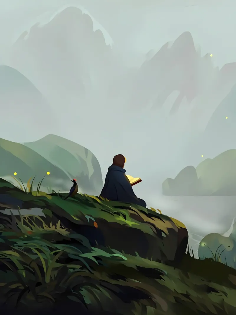 Lettura a Mountain Cliff Lofi Art pellicola backlit da LoFi Gallery