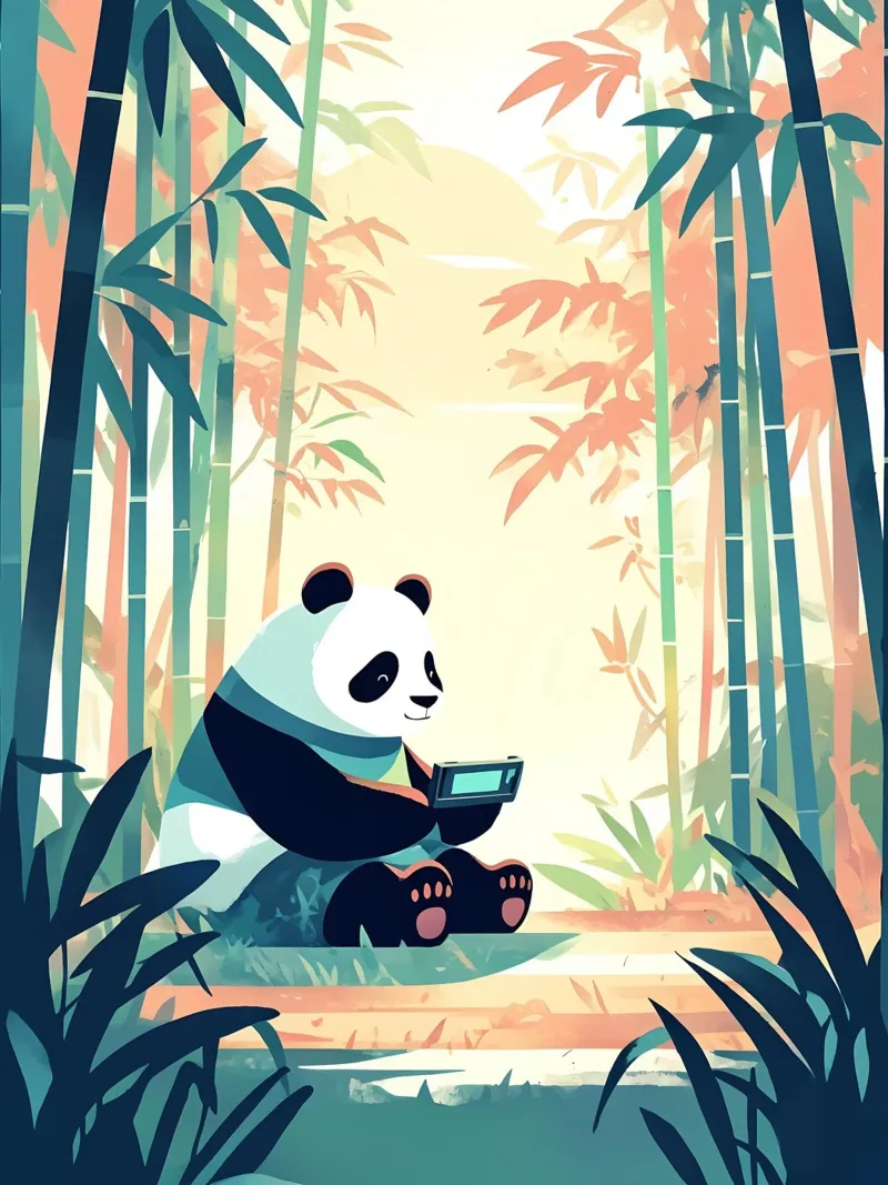 Jugando Como Panda En El Bosque Lofi Art poster con marco de madera de LoFi Gallery