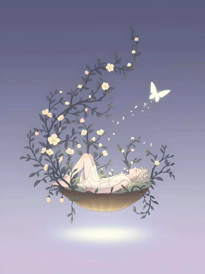 Donna che dorme nei sogni Lofi Art poster con telaio in legno da LoFi Gallery