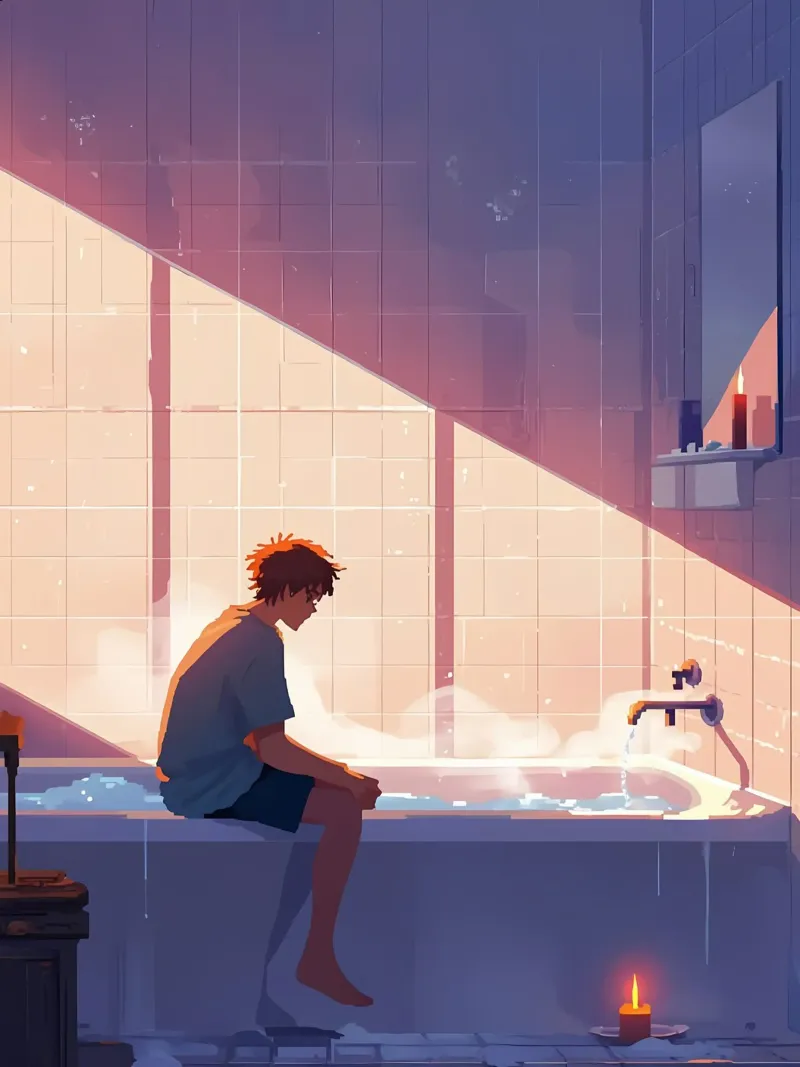 Ragazzo nella vasca da bagno Lofi Art poster con telaio in legno da LoFi Gallery