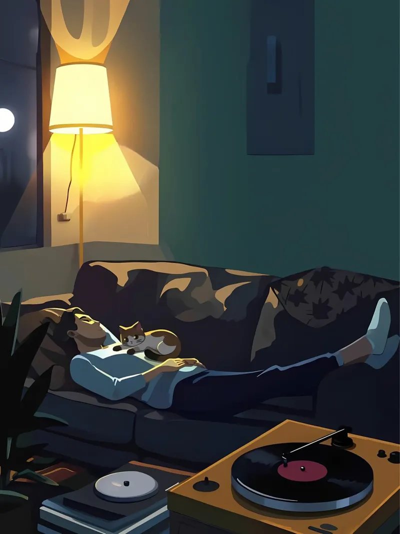 Dormire con il gatto di notte Lofi Art pellicola backlit da LoFi Gallery