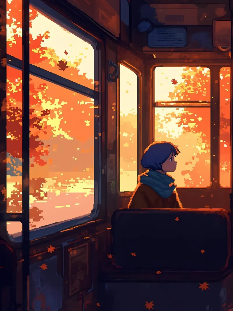 Ragazza all'interno di un treno in autunno Lofi Art pellicola backlit da LoFi Gallery