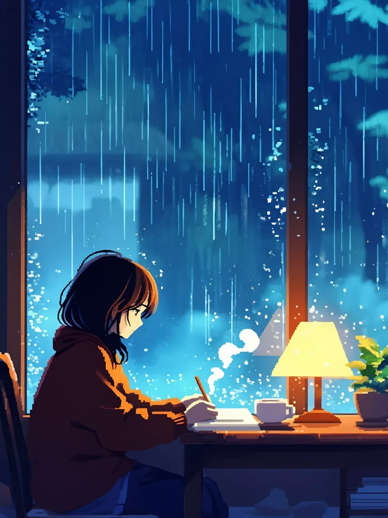 Ragazza seduta alla finestra in una notte di pioggia Lofi Art poster con telaio in legno da LoFi Gallery