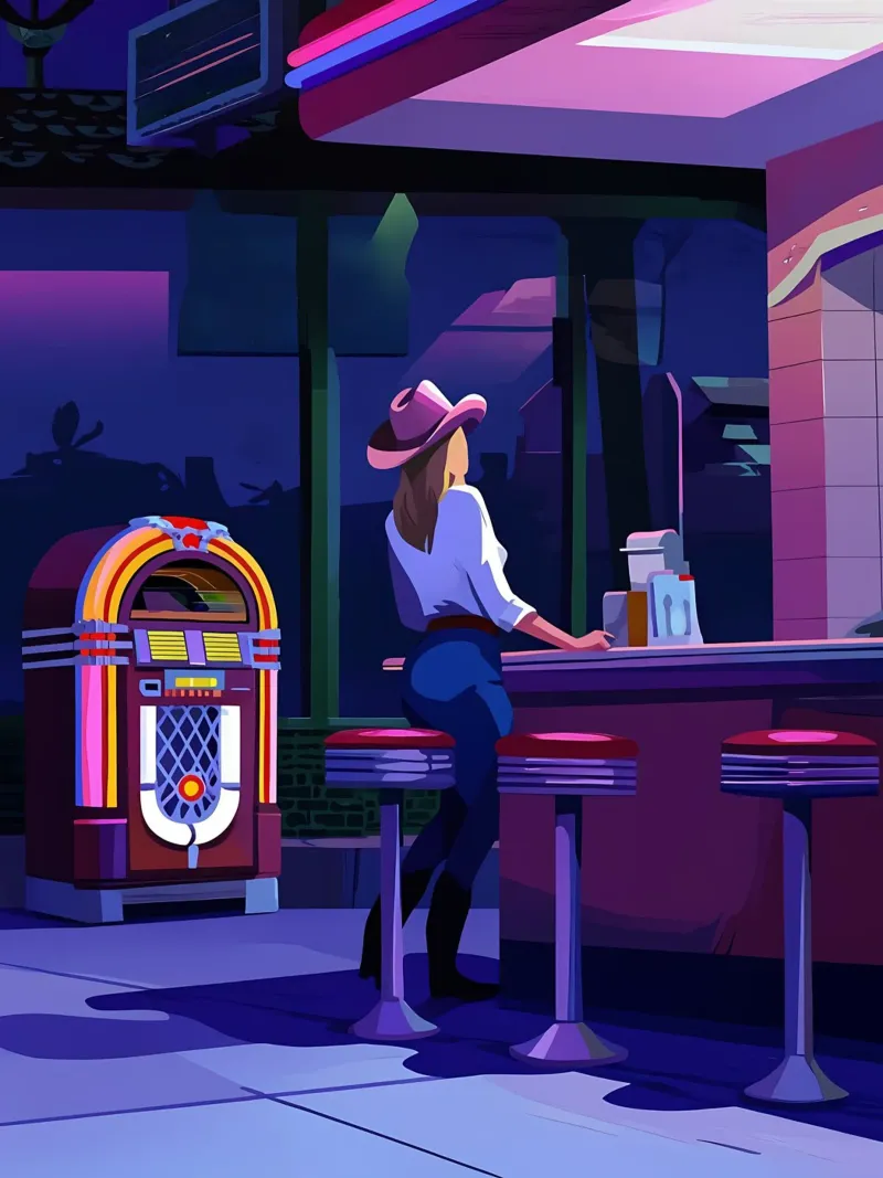 Cowgirl an der Bar in Abend Lofi Kunst Poster mit Aluminium Rahmen von LoFi Gallery