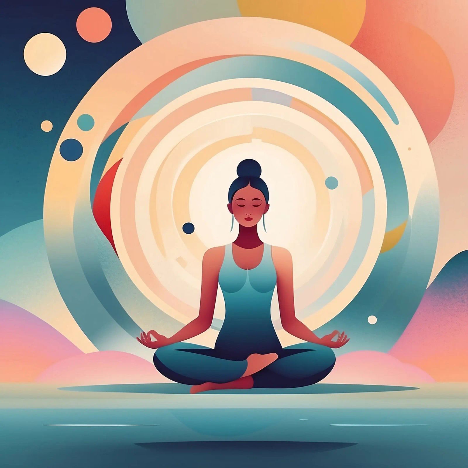 Woman practice meditation amidst vibrant abstract background poster by DesignDoodle