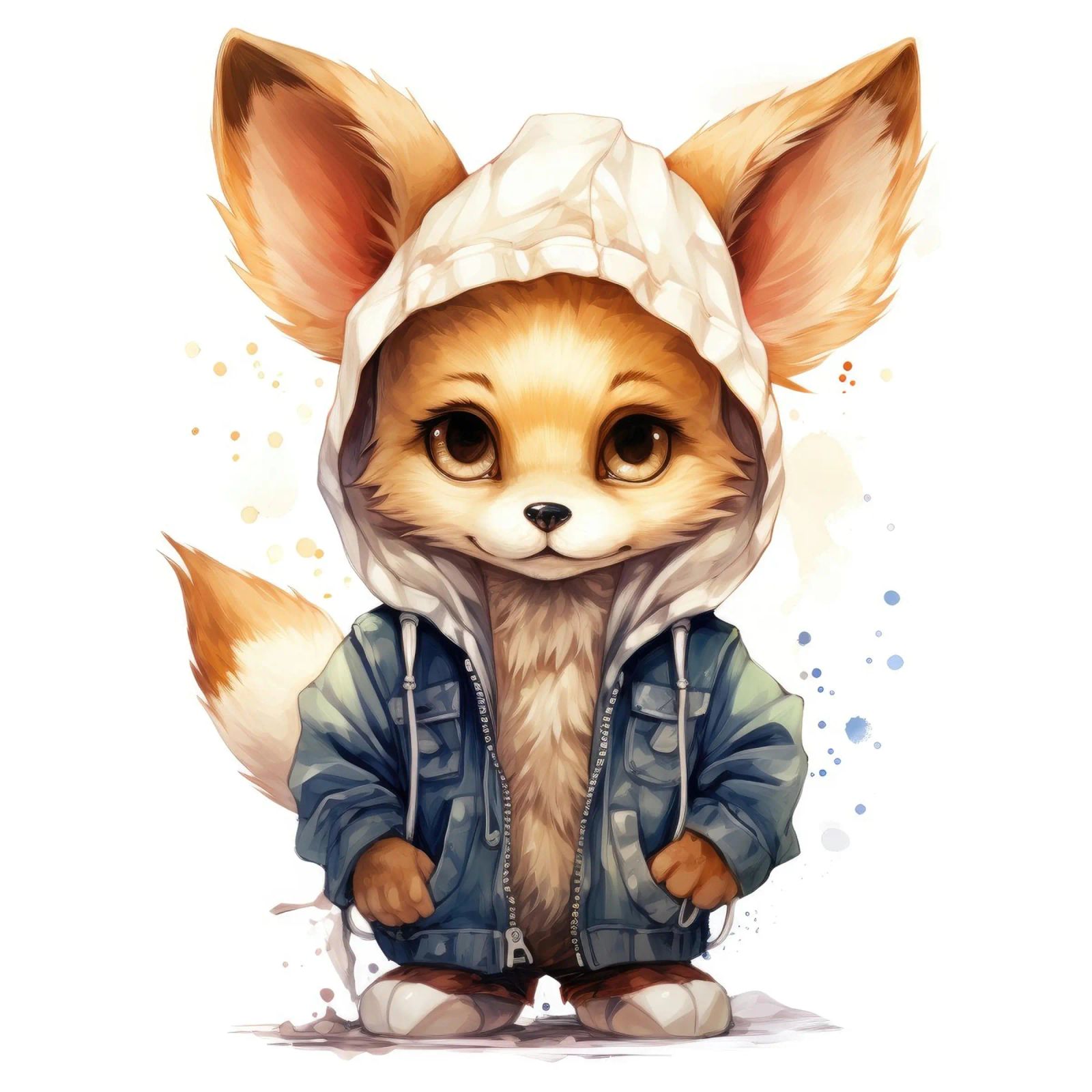 Acquerello Cartoon Fennec Fox in una felpa con cappuccio alluminio dibond da Animal Portraits