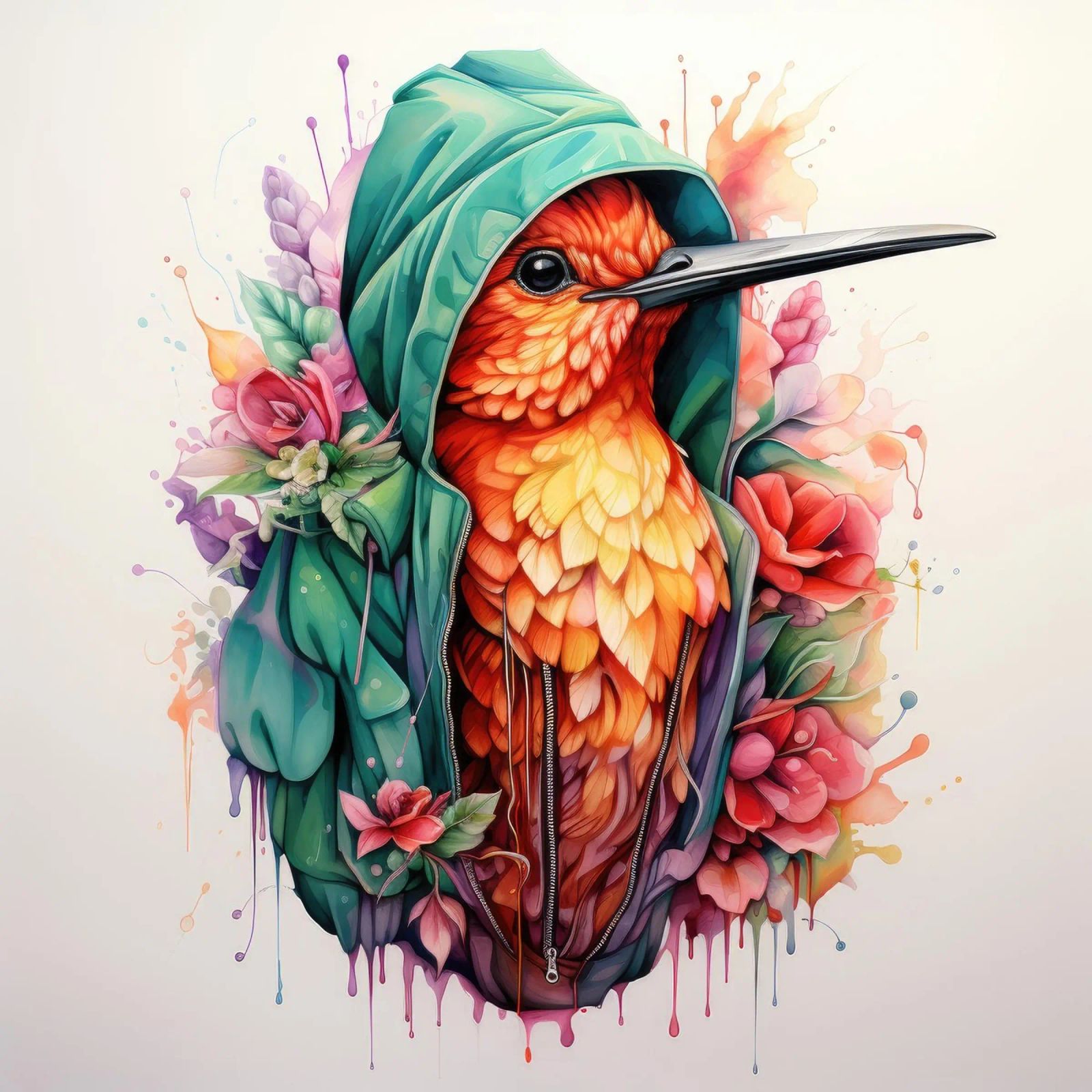 Watercolor Cartoon Hummingbird in a Hoodie poster by Animal Portraits