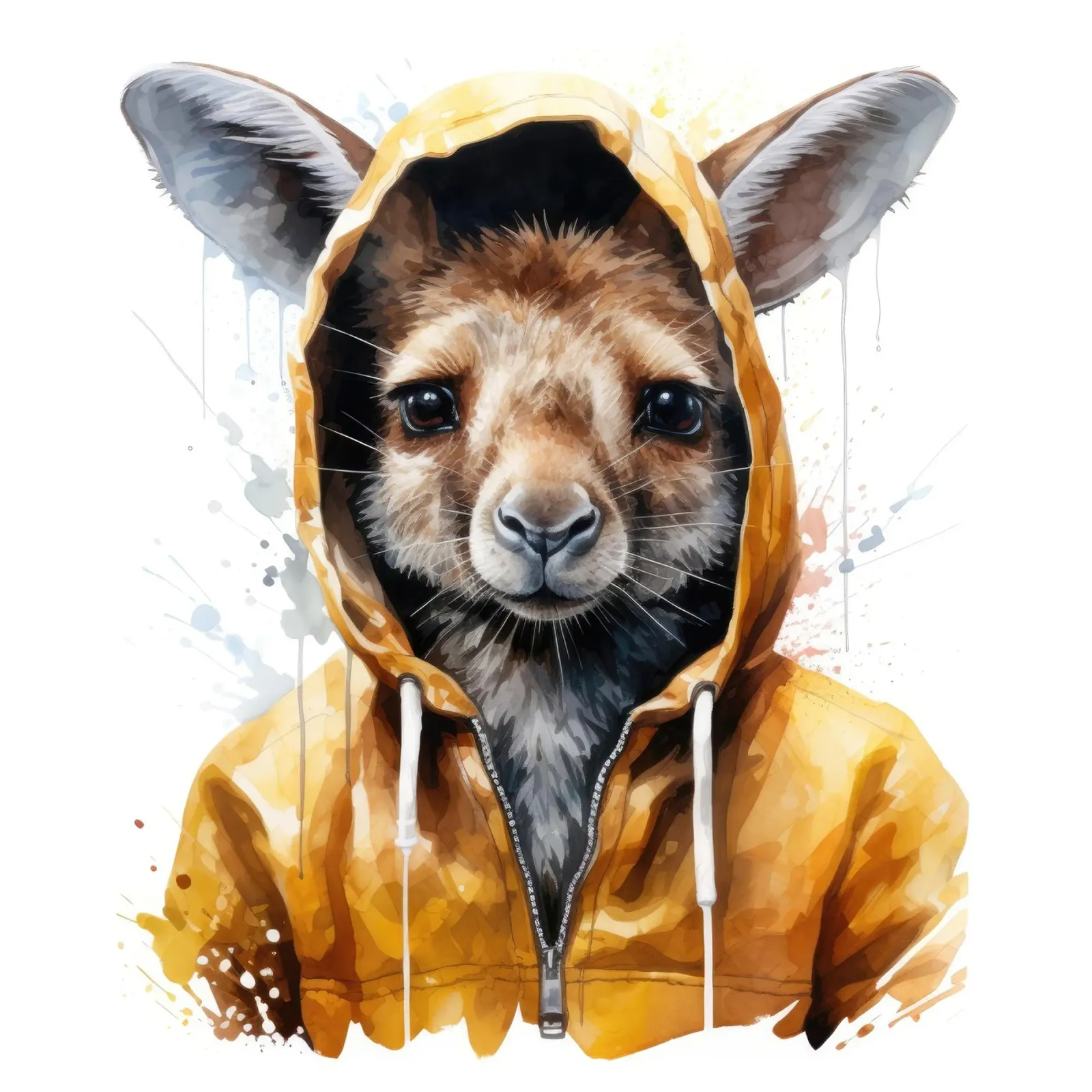 Cartone animato acquerellato Canguro in felpa con cappuccio carta hahnemühle da Animal Portraits