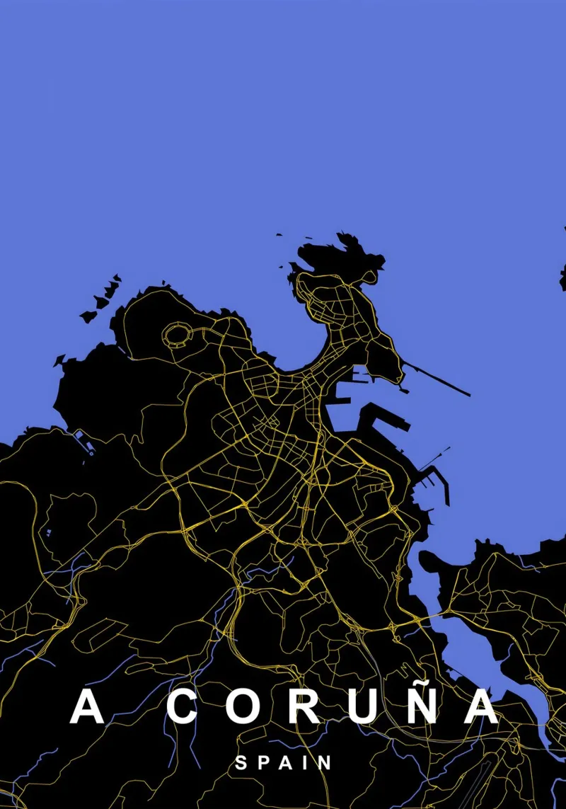 A Coruna Spagna Mappa della città in nero e oro pellicola backlit da Cartographers Library