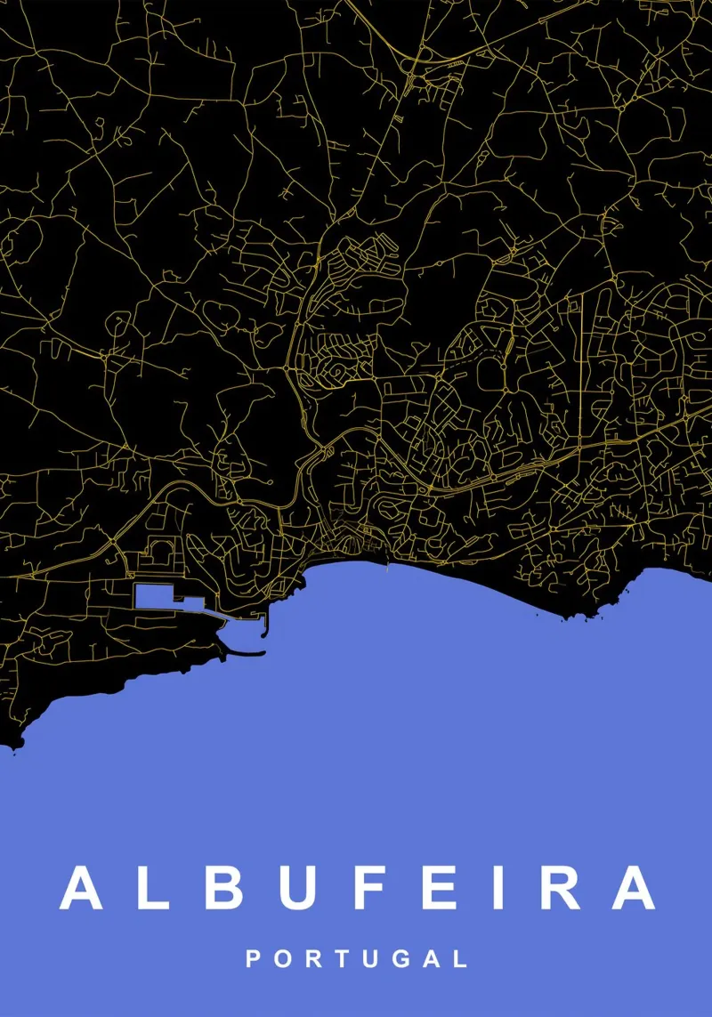 Albufeira Portogallo - Mappa della città in nero e oro tela con Cornice a cassetta da Cartographers Library