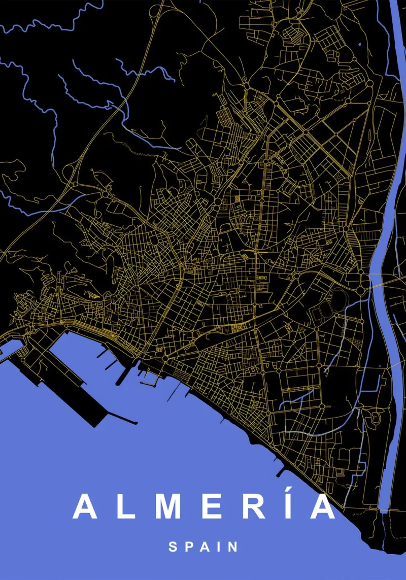 Almeria Spagna - Mappa della città in nero e oro pellicola backlit da Cartographers Library