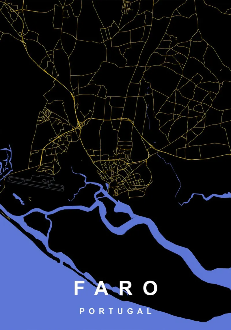 Mappa della città di Faro Portogallo nero e oro poster con telaio in legno da Cartographers Library