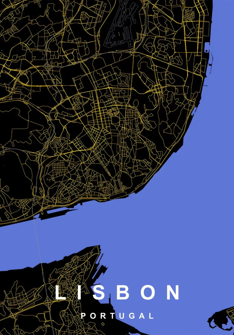 Lisbona Portogallo - Mappa della città in nero e oro pellicola backlit da Cartographers Library