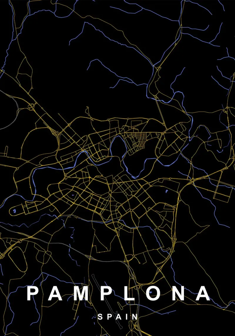 Pamplona Spagna - Mappa della città in nero e oro tela con Cornice a cassetta da Cartographers Library