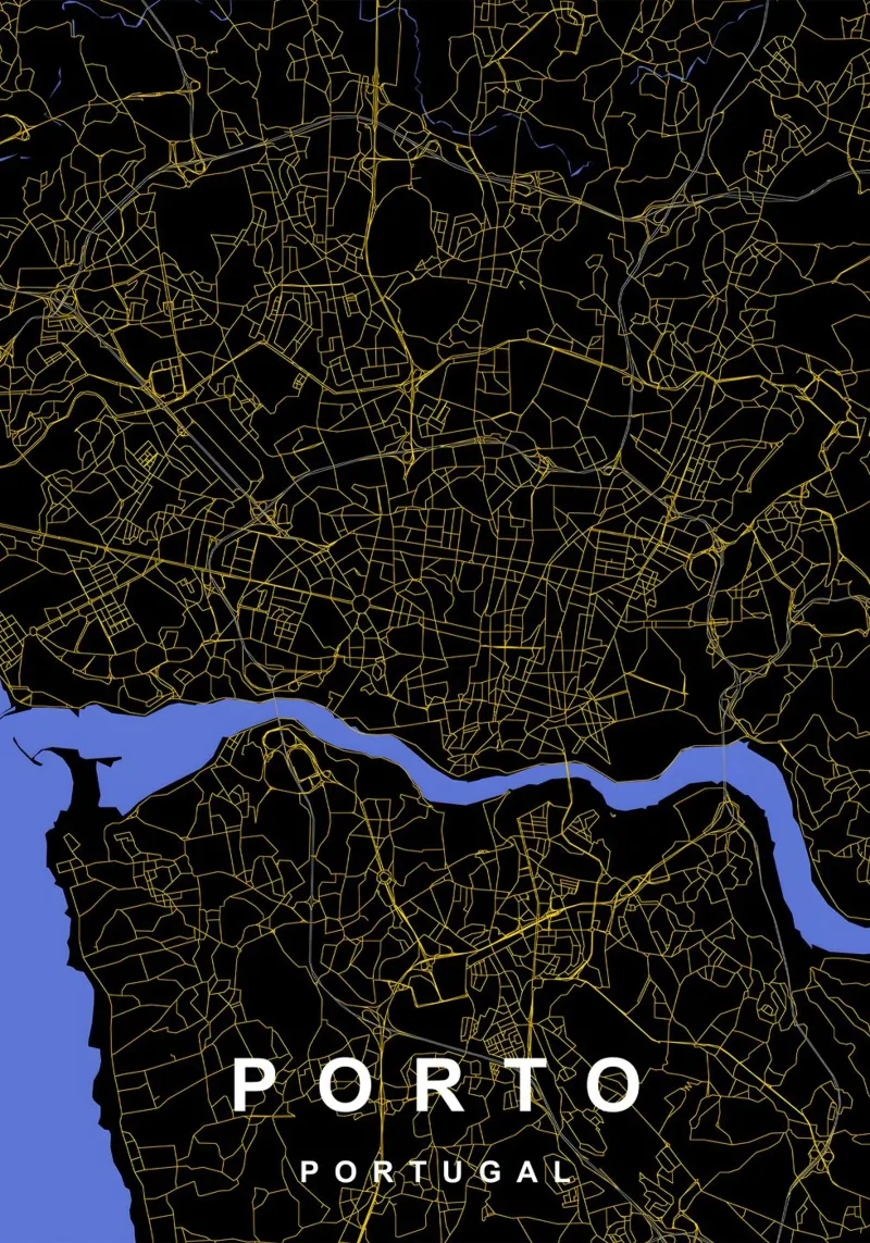 Porto Portogallo - Mappa della città in nero e oro poster con telaio in legno da Cartographers Library