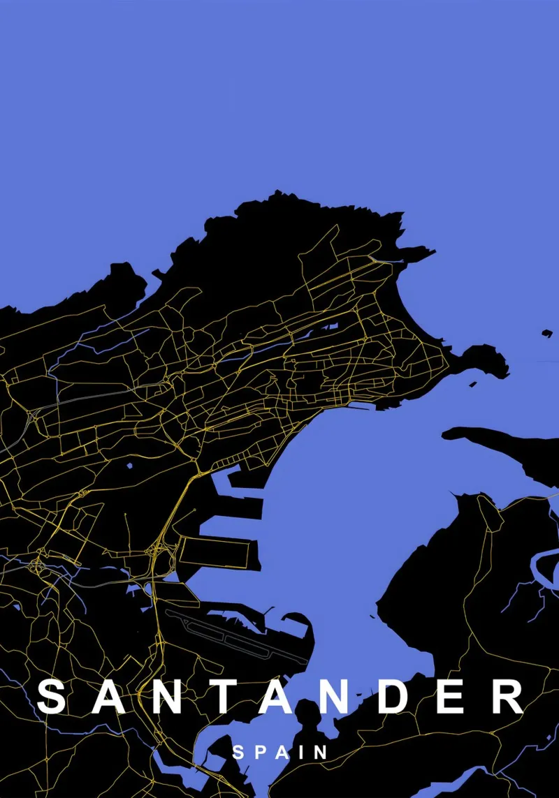 Santander Spagna - Mappa della città in nero e oro poster con telaio in plastica da Cartographers Library
