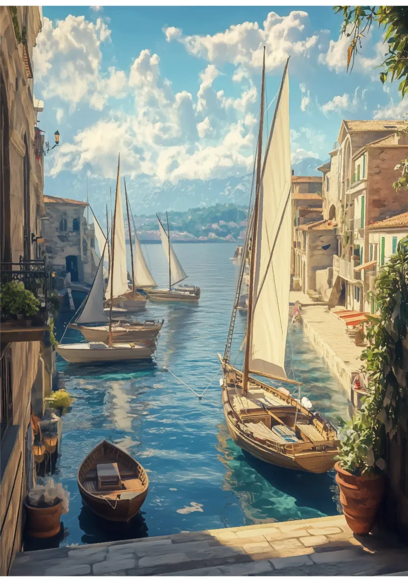 Un tranquillo porto di navigazione alla luce del giorno poster con telaio in alluminio da pixelbull - medieval art and more
