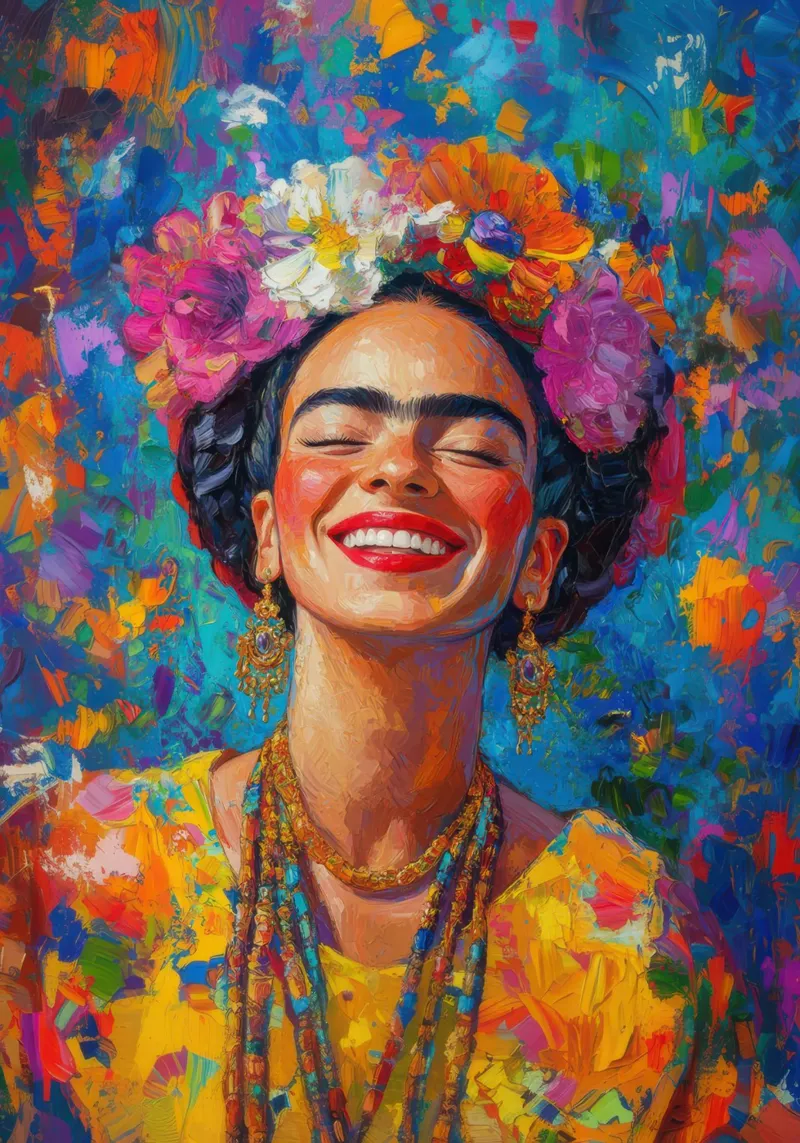 Frida Kahlo: ritratto di un futuro luminoso poster con telaio in legno da Fantasias Florales