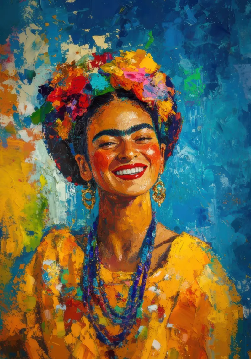 Frida Kahlo: una sinfonia di gioia di vivere e di accettazione poster con telaio in plastica da Fantasias Florales