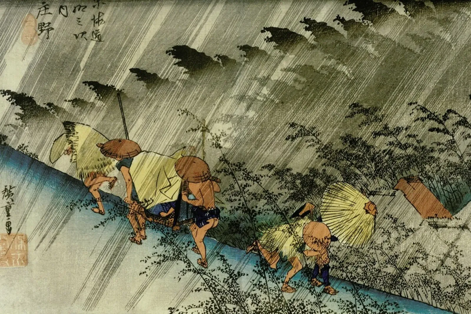 Hiroshige - Driving Rain, Shono poster con telaio in legno da ARTOTHEK
