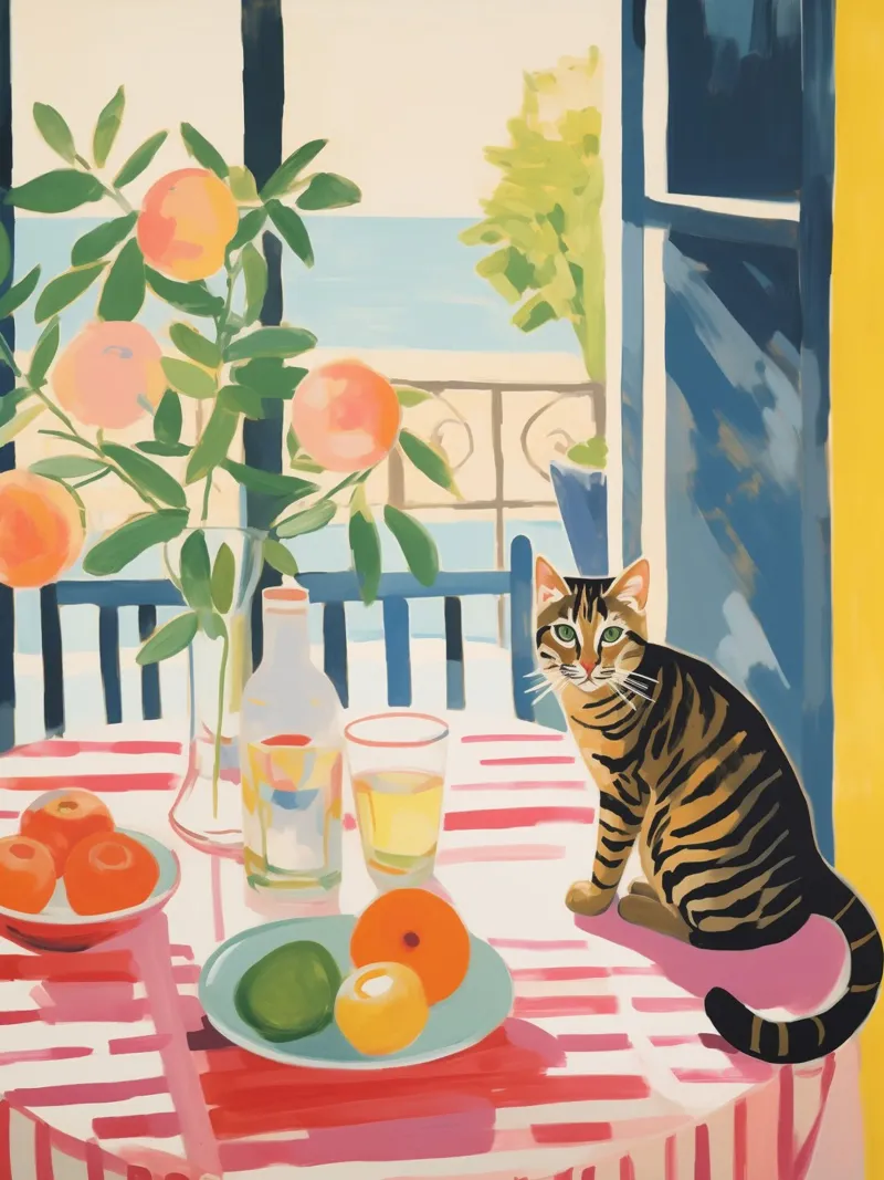 The striped cat sits at the window in the sun poster with aluminum frame by Autofocus