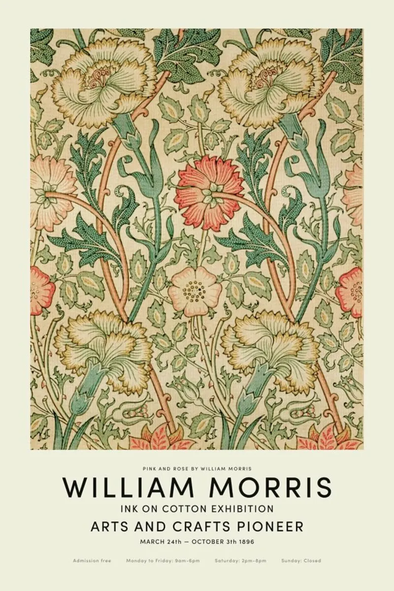 William Morris - Pink And Rose Exhibition poster with wooden frame by Vintage by JUNIQE