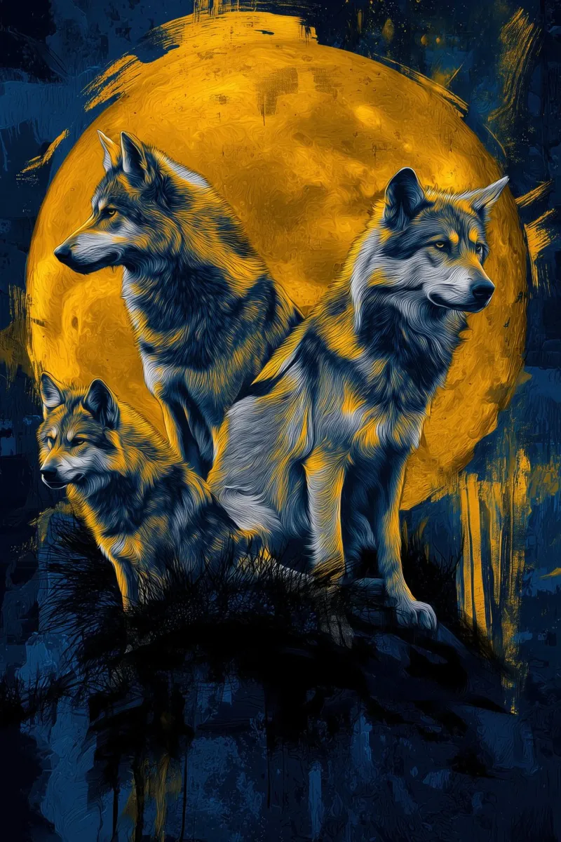 Three wolves in front of the full moon in gold and blue | Street Art canvas with Floater frame by Autofocus
