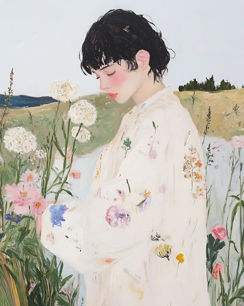 Femme dans un champ de fleurs, art floral abstrait de la nature poster de Little Lila