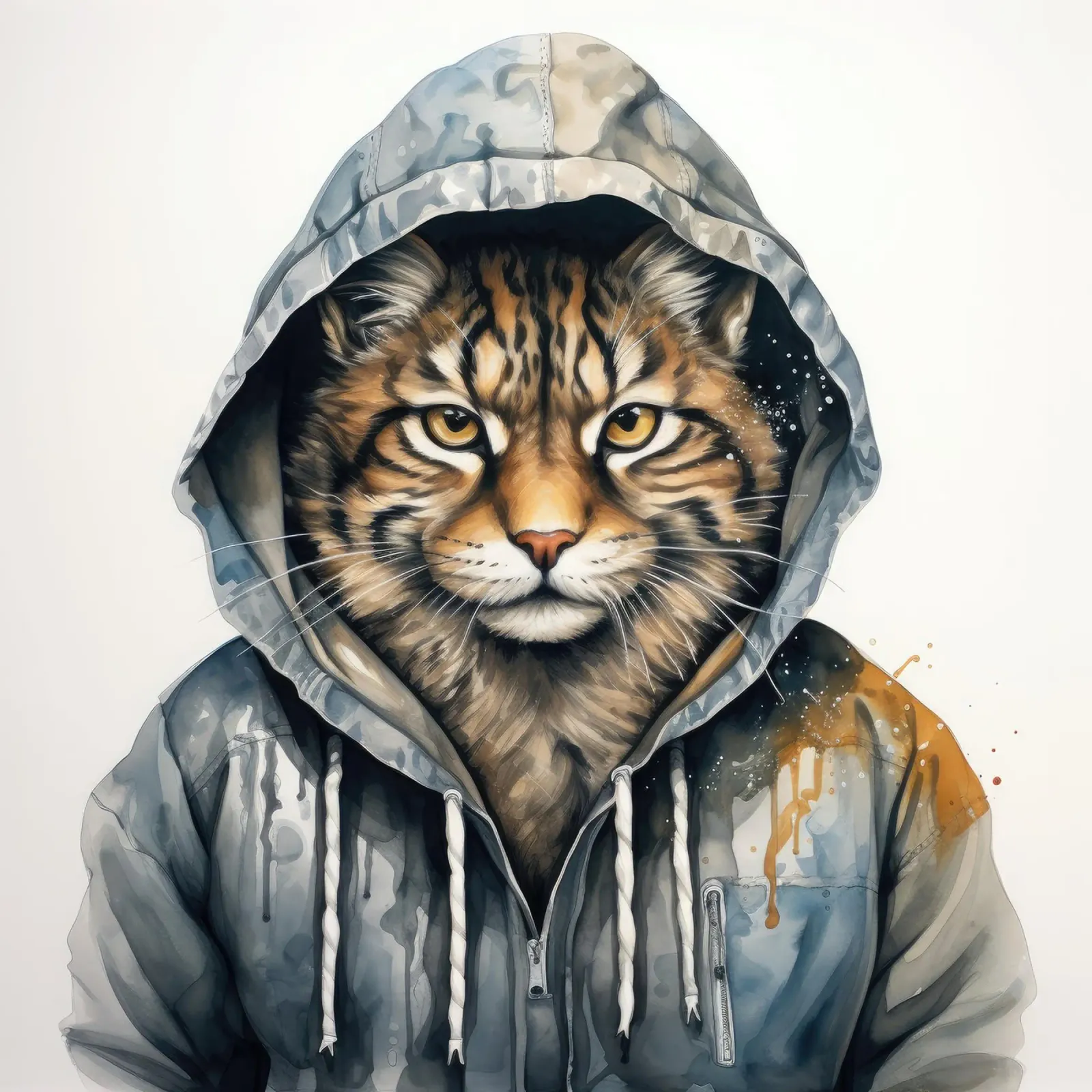 Acquerello Cartoon Lynx in felpa con cappuccio pellicola backlit da Animal Portraits