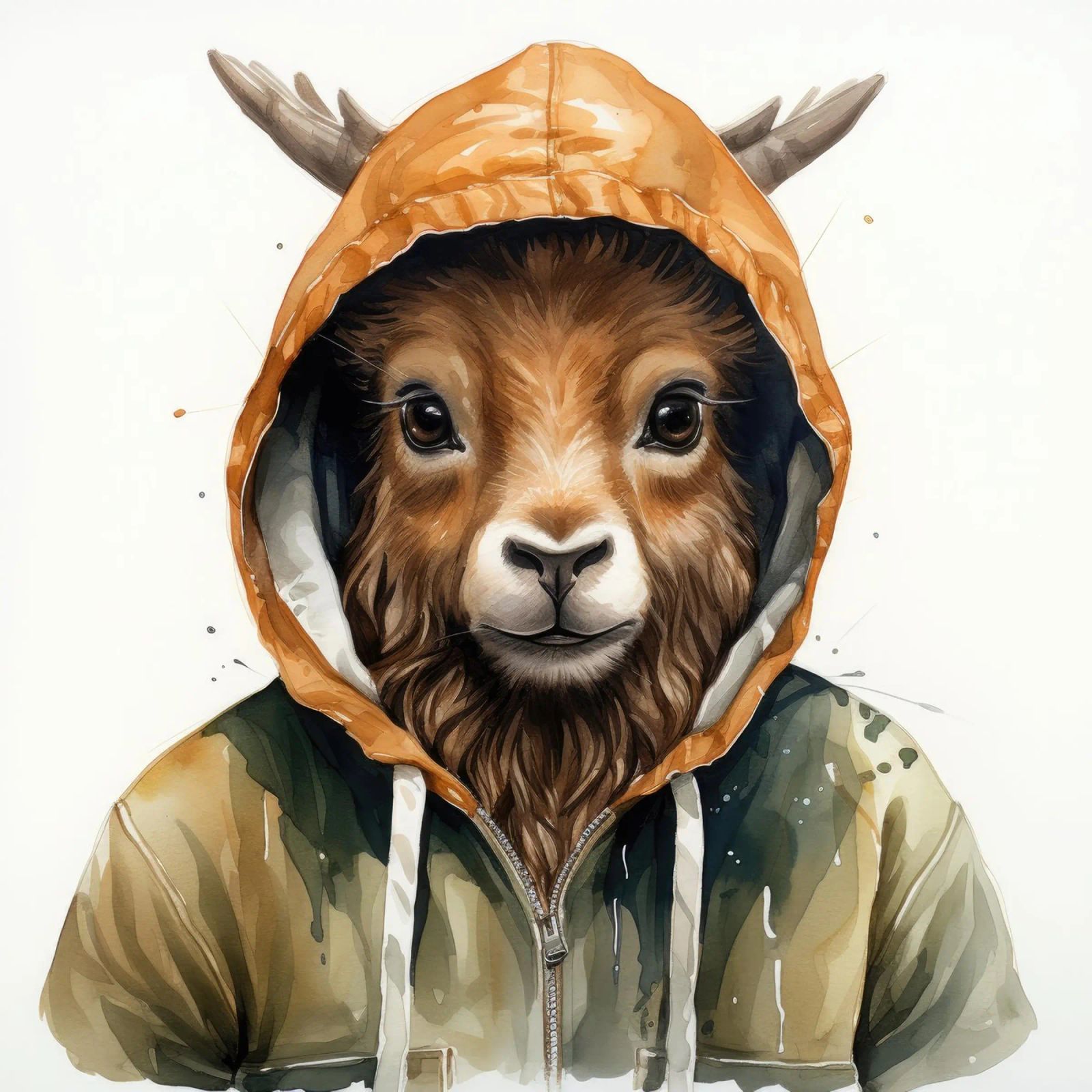 Aquarelle Cartoon Markhor dans un sweat à capuche hahnemühle de Animal Portraits