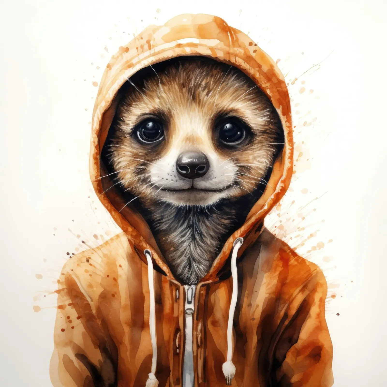 Meerkat con cappuccio in un cartone animato acquerellato pellicola backlit da Animal Portraits