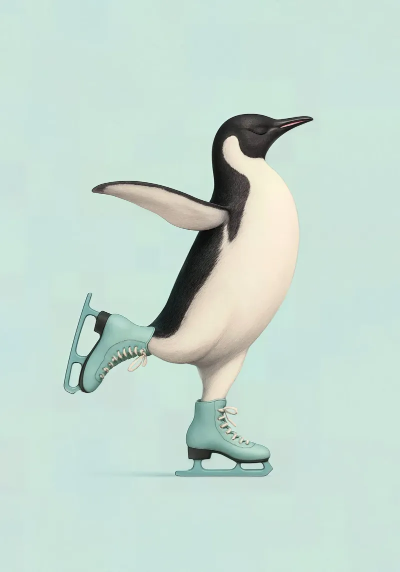 Penguin Dancing on Ice Skates – Winter Joy in Mint Green hahnemühle by Lootprint