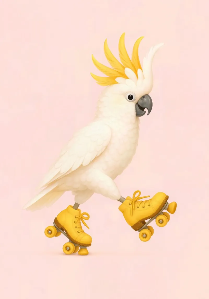 Cacatua giallo sui pattini - Poster per uccelli tropicali felici poster con telaio in alluminio da Lootprint
