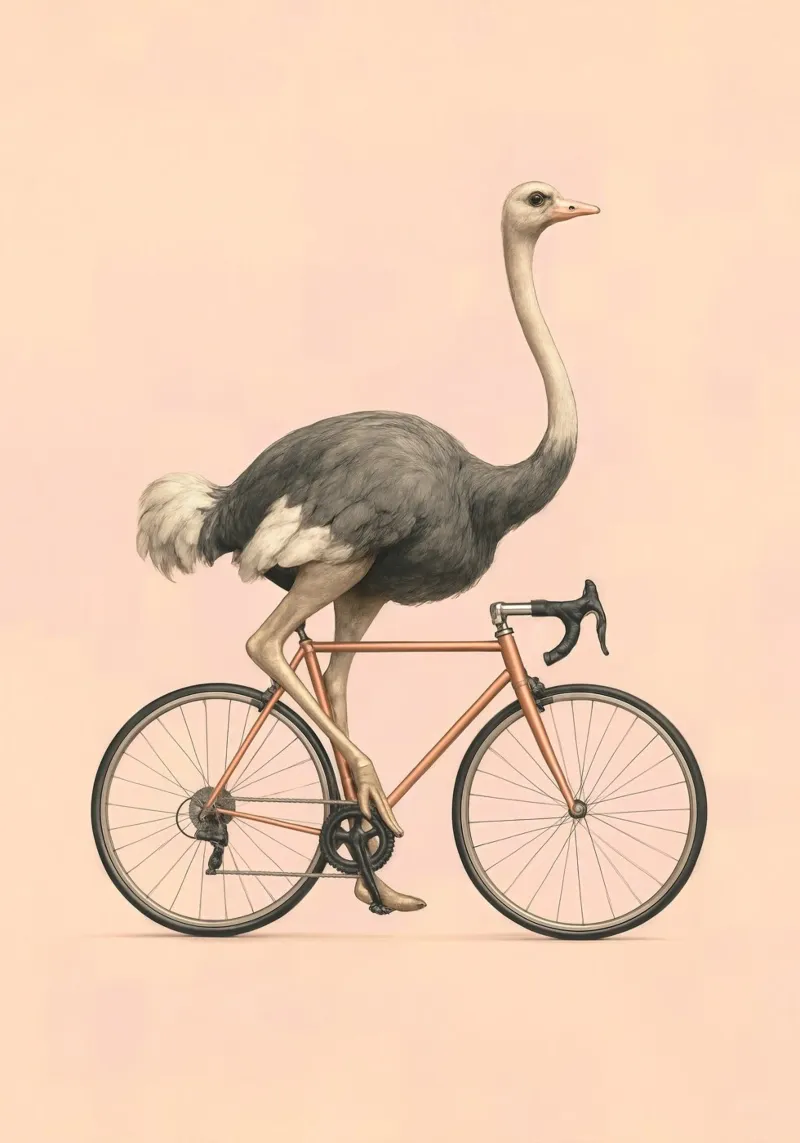 Struzzo in bicicletta - Uccello divertente e surreale su una bicicletta plexiglass da Lootprint
