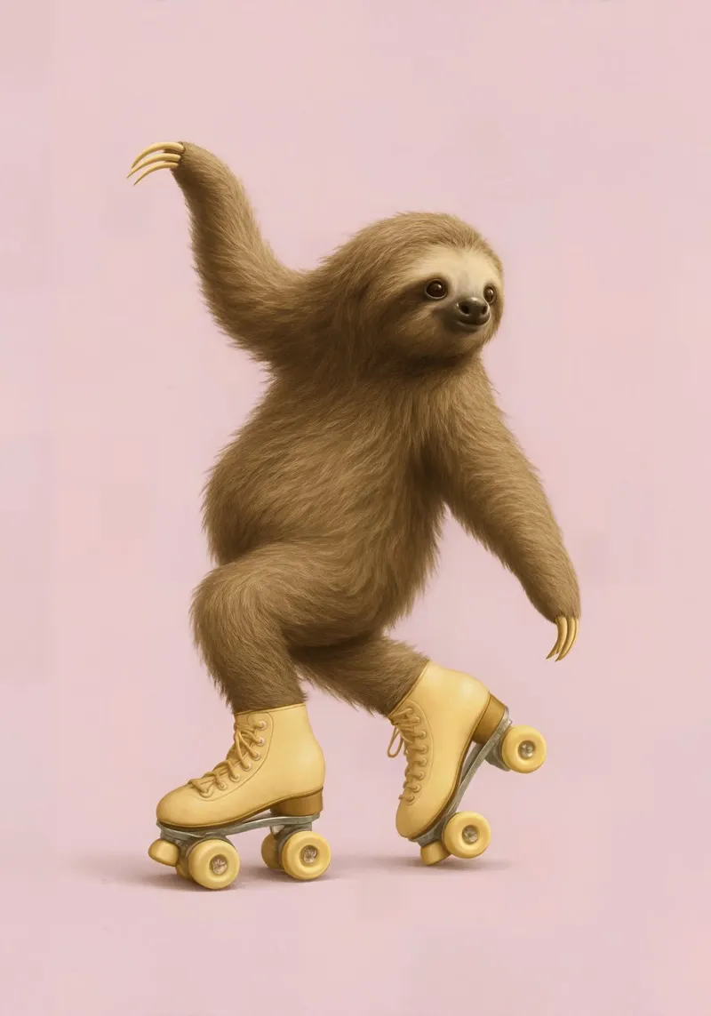 Bradipo che pattina - Divertente stampa animale sulla danza a rotelle poster con telaio in alluminio da Lootprint