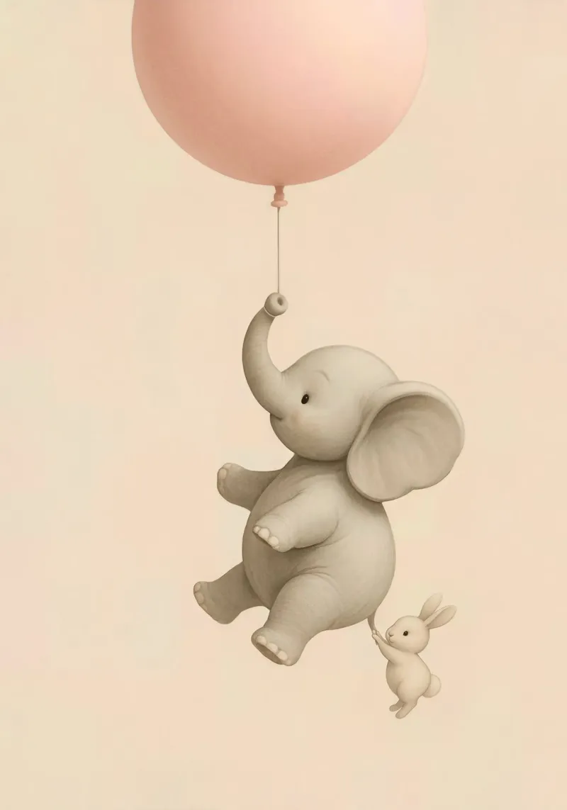 Giro in mongolfiera con elefante e coniglietto - Poster Amici volanti poster con telaio in alluminio da Lootprint