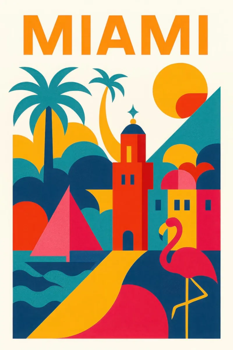 Miami vibes: sole, palme e fenicotteri pellicola backlit da JETLAG | affiches voyage