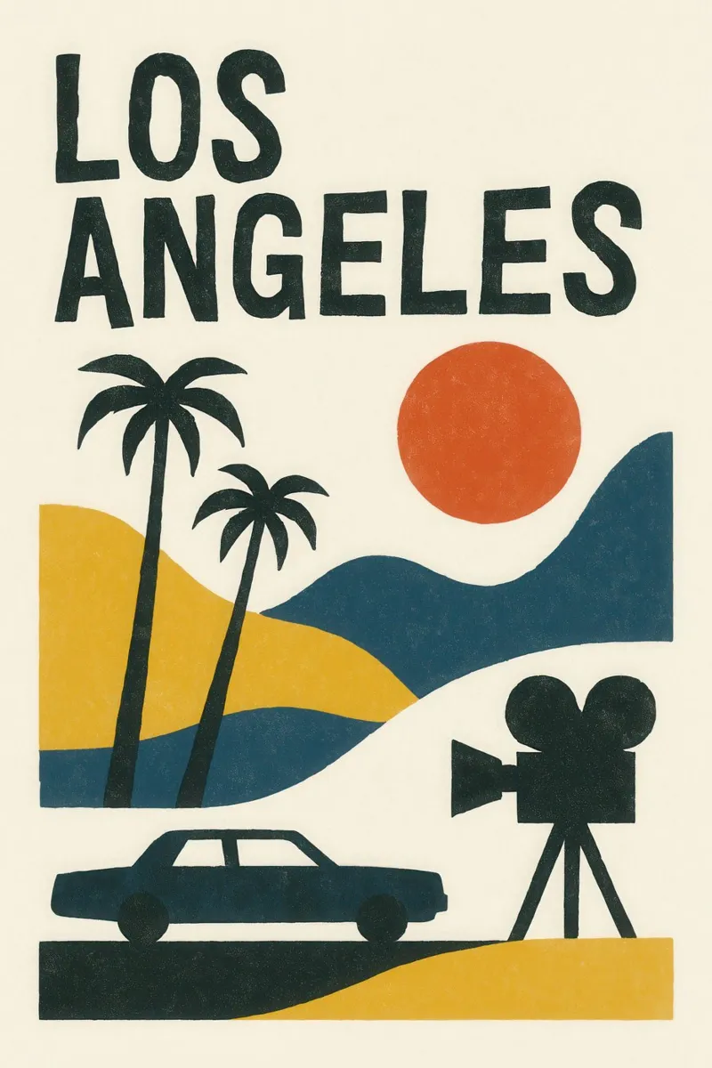 Los Angeles minimal - between desert, palm trees and cinema canvas with Floater frame by JETLAG | affiches voyage