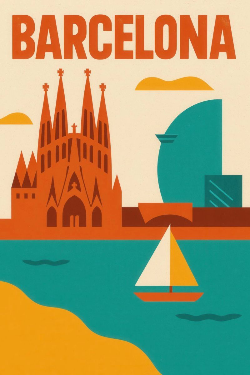 Barcelonas Grafik - zwischen Gaudí und türkisfarbenem Meer Poster von JETLAG | affiches voyage