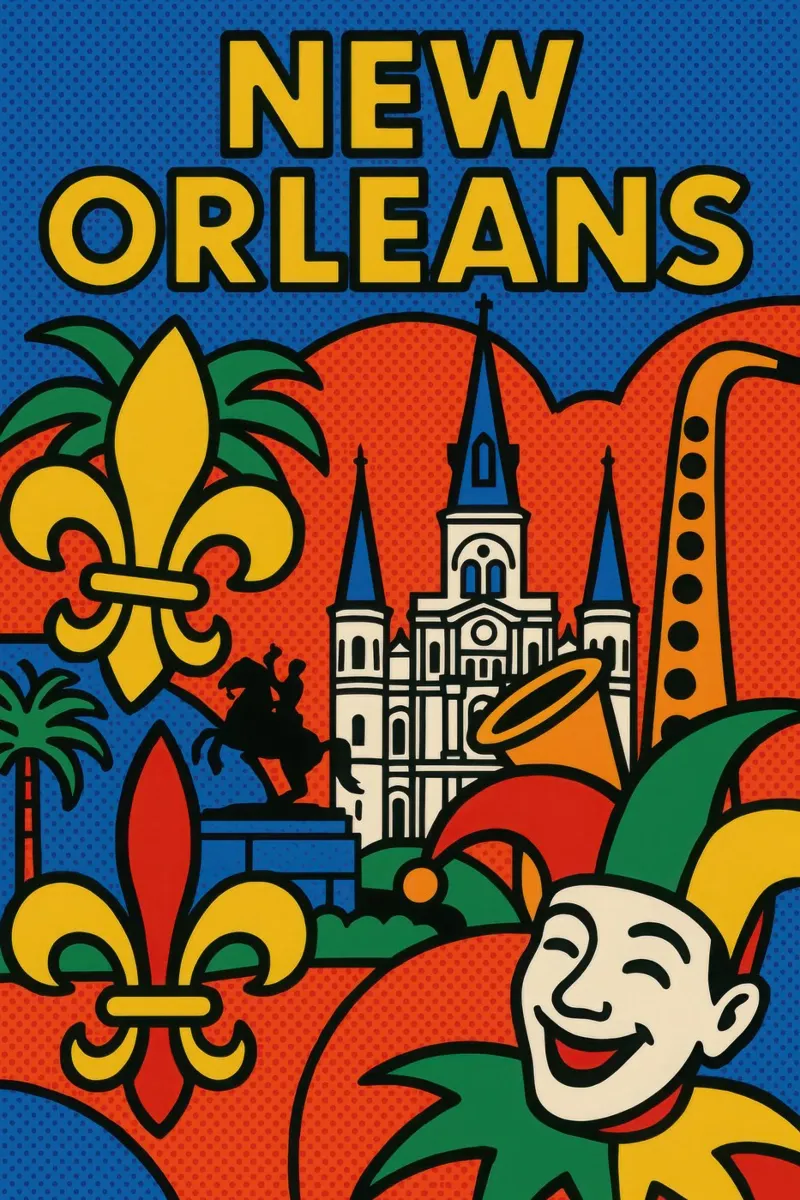 New Orleans pop - jazz, maschere e fleur de lys poster con telaio in plastica da JETLAG | affiches voyage