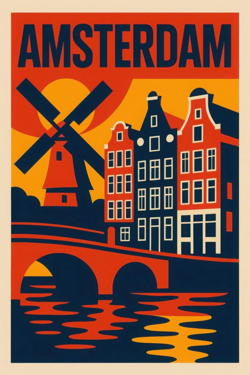 Flamboyant Amsterdam - grachten, gevels en windmolens in silhouet poster van JETLAG | affiches voyage