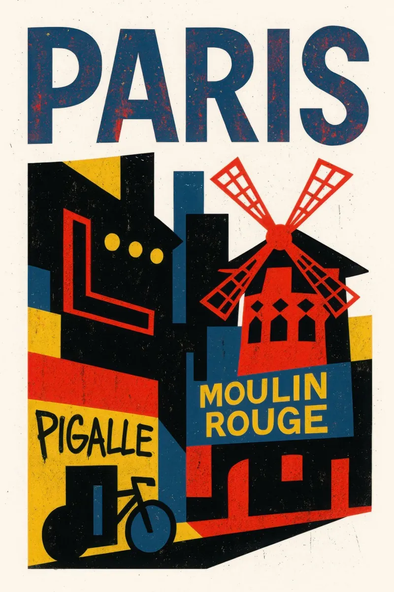 Parigi Pigalle - luci al neon, biciclette e un mulino a vento incandescente poster con telaio in plastica da JETLAG | affiches voyage