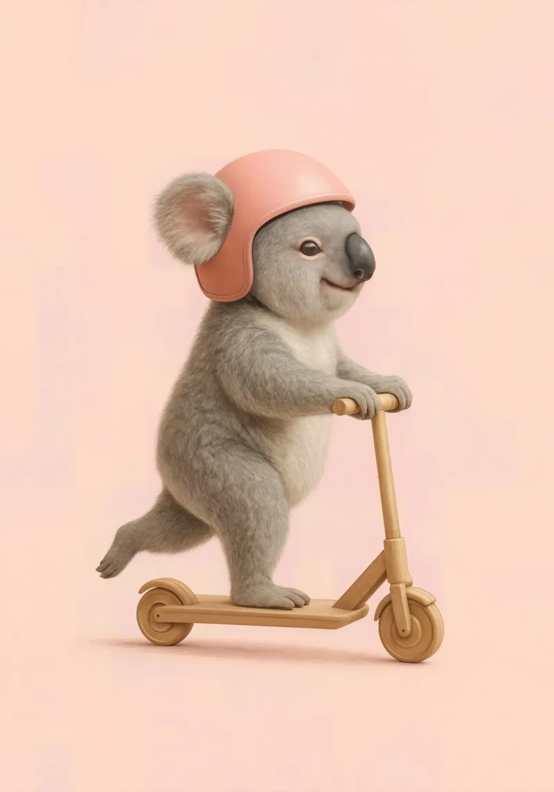 Koala in monopattino - Simpatico cavalcabile per bambini Arte da parete poster con telaio in plastica da Lootprint
