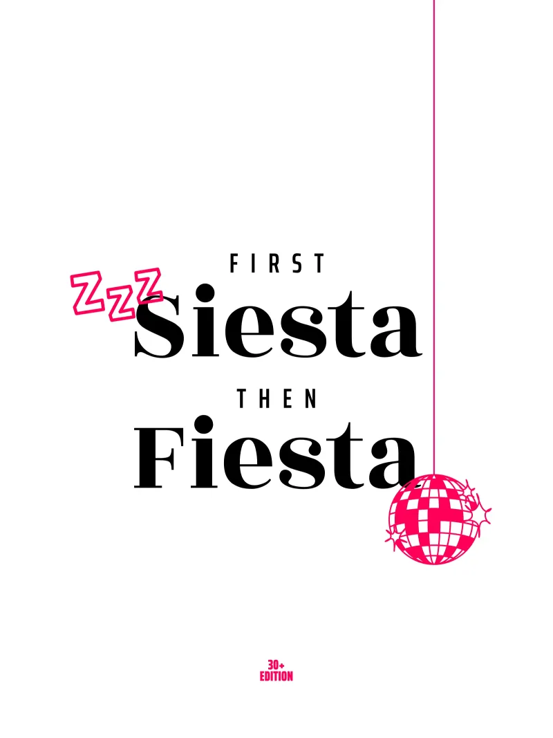 First Siesta then Fiesta – 30+ Edition poster con telaio in alluminio da Bureau Purpur