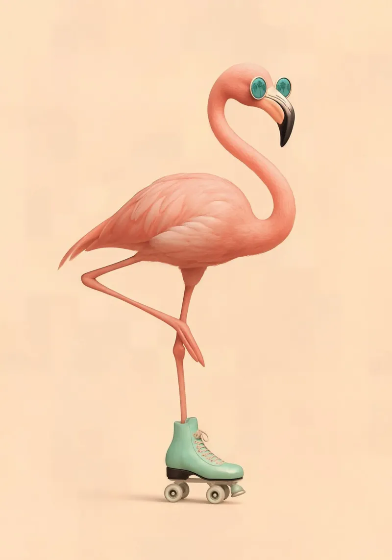 Flamingo en patines - Divertido pájaro tropical con gafas de sol poster con marco de aluminio de Lootprint