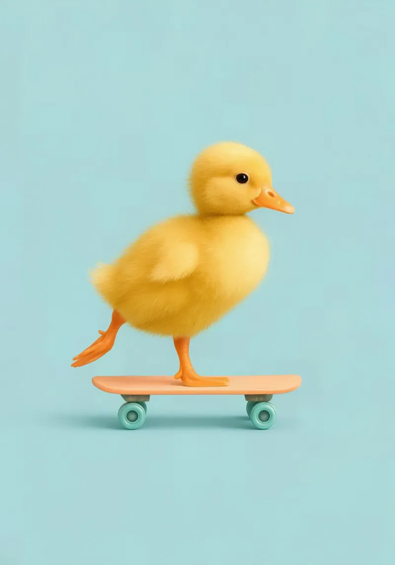 Cute Duck on Skateboard – Happy Yellow Baby Duck Poster poster met aluminium frame van Lootprint