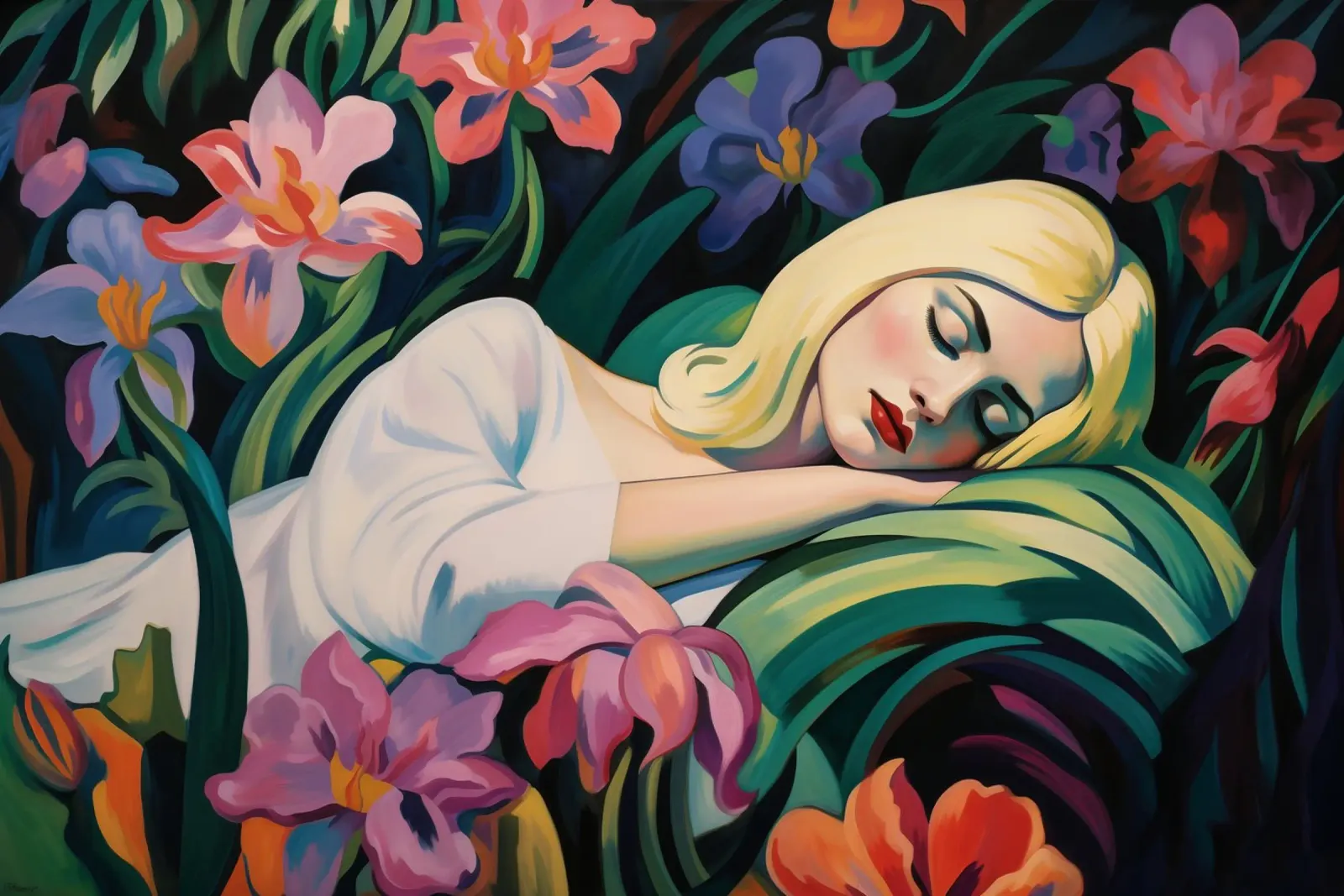 Blonde vrouw slapend in de orchideeëntuin | Schilderij canvas met Baklijst van Autofocus